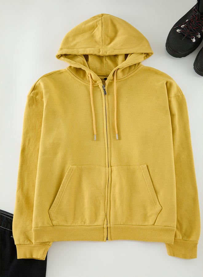 trendyol Mustard Oversize/Wide Cut Crop Kangaroo Pocket Short Hooded Sweatshirt - Image 5