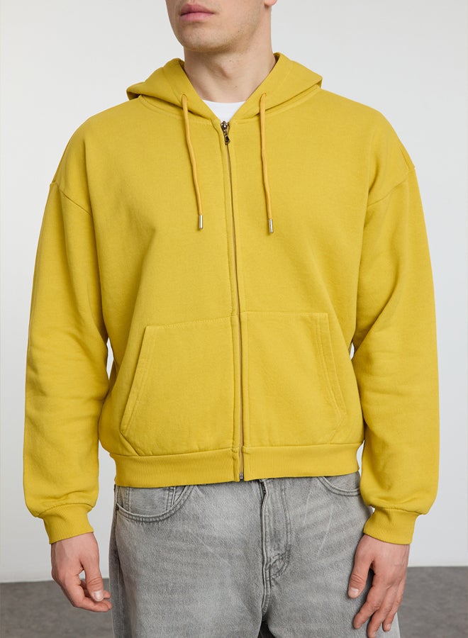 trendyol Mustard Oversize/Wide Cut Crop Kangaroo Pocket Short Hooded Sweatshirt - Image 3