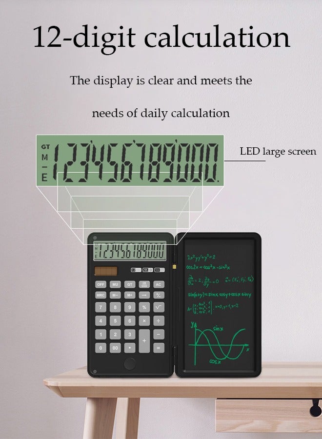 Loquat Calculators,12-Digit Large Display Rechargeable Pocket Office Desktop Calculator with Erasable Wiriting Tablet,Mute Basic Desk Calculators with Doodle Pad for Student Home School,Black - Image 4