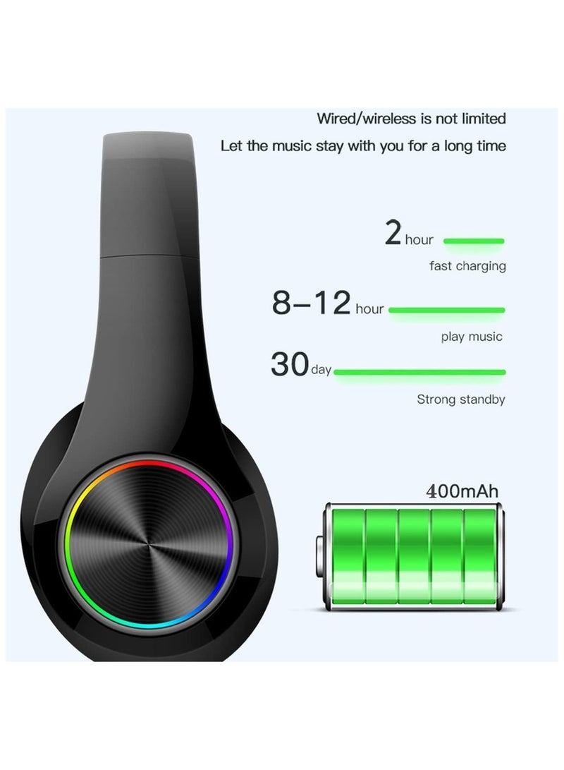 Bluetooth Headphones Over Ear, Wireless Bluetooth Headphones with Built-in Mic and Colorful Lights, Foldable Wireless and Wired Stereo Headset Micro SD/TF, FM for Cell Phone, PC etc - Image 4