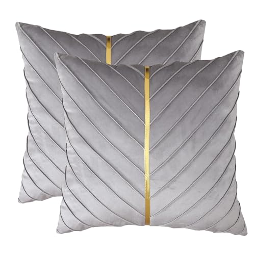 Tosleo Decorative Pillow Cases 24x24 inch Pack of 2 with Gold Leather Gray Velvet Throw Pillow Covers Luxury Couch Pillowcases Modern Soft Pillow Cases Spring Summer Home Decor for Sofa Bed - Image 1