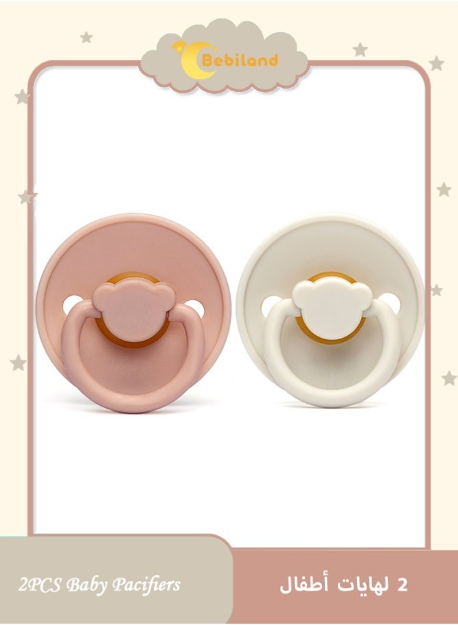 2 PCS Natural Latex Baby Pacifier, Round Tip Soother with Cute Bear Print, Ventilation Holes for 0-3 Years, BPA Free (White & Pink)