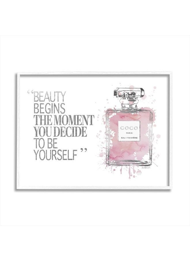Stupell Industries - Beauty Begins Fashion Perfume, Design by Amanda Greenwood White Framed Wall Art, 16 x 20, Pink - Image 1