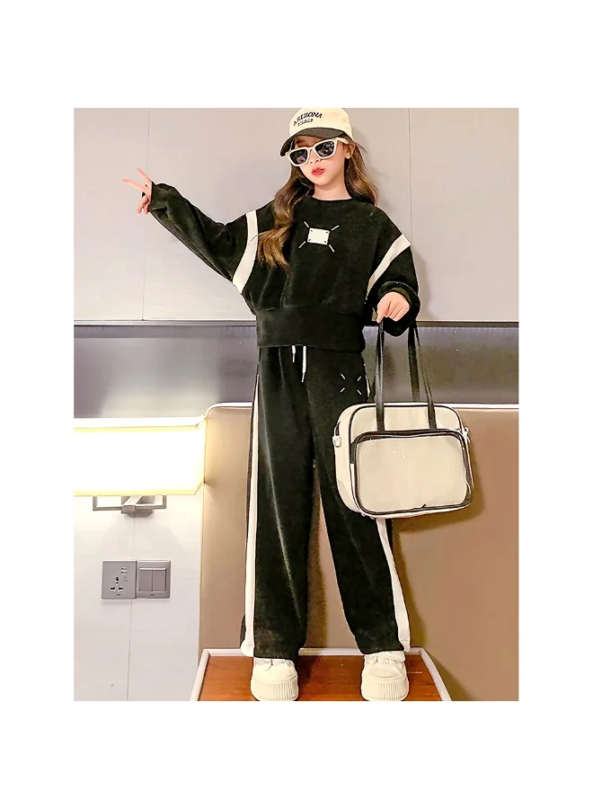 LITTLE SURPRISE BOX Self Patterned Black Patch Casual Stripes 2Pcs Track Suit Set For Kids & Tweens