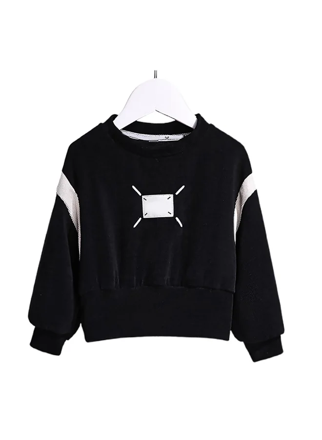 LITTLE SURPRISE BOX Self Patterned Black Patch Casual Stripes 2Pcs Track Suit Set For Kids & Tweens