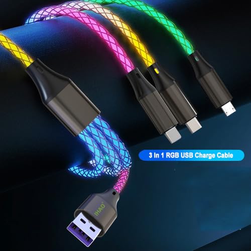 IHAO Multi Connectors Fast Charging Cable 3 Combinations in One Cable USB A to USB C/Micro USB Cord Lighted Up LED Flowing Compatible with Most of Electric Device-39 Inches RGB - Image 2