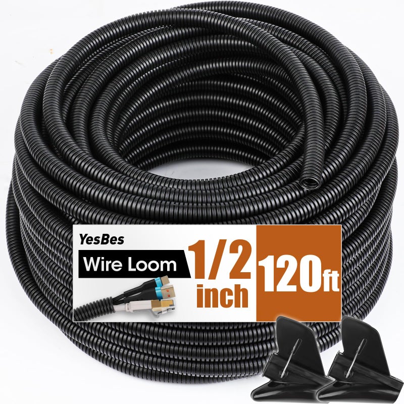 YesBes 120 FT Wire Loom 1/2 Inch, Split Wire Loom Tubing Wire Conduit, Wire Protector Tubing â€“ Black - Image 1