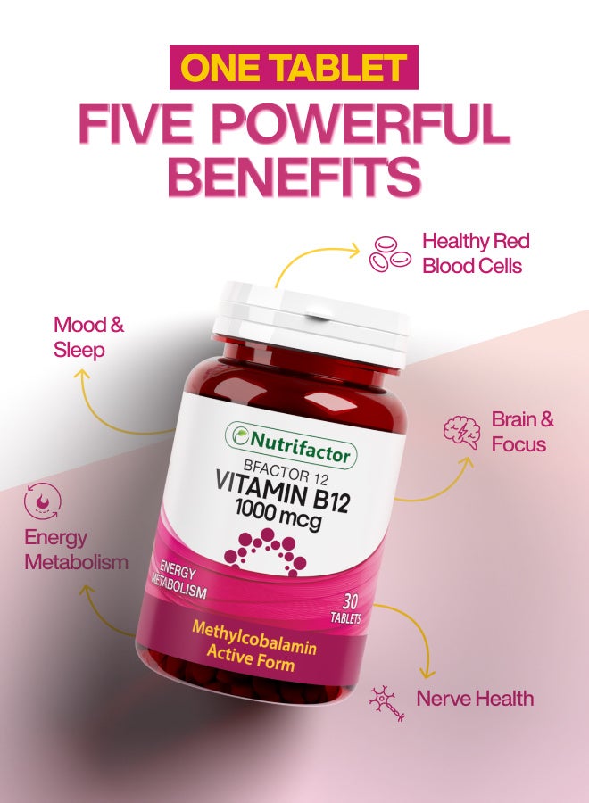 Nutrifactor Bfactor 12 – Vitamin B12 1000mcg Methylcobalamin – Supports Energy, Nerve Health & Red Blood Cell Production – 30 Tablets - Image 2