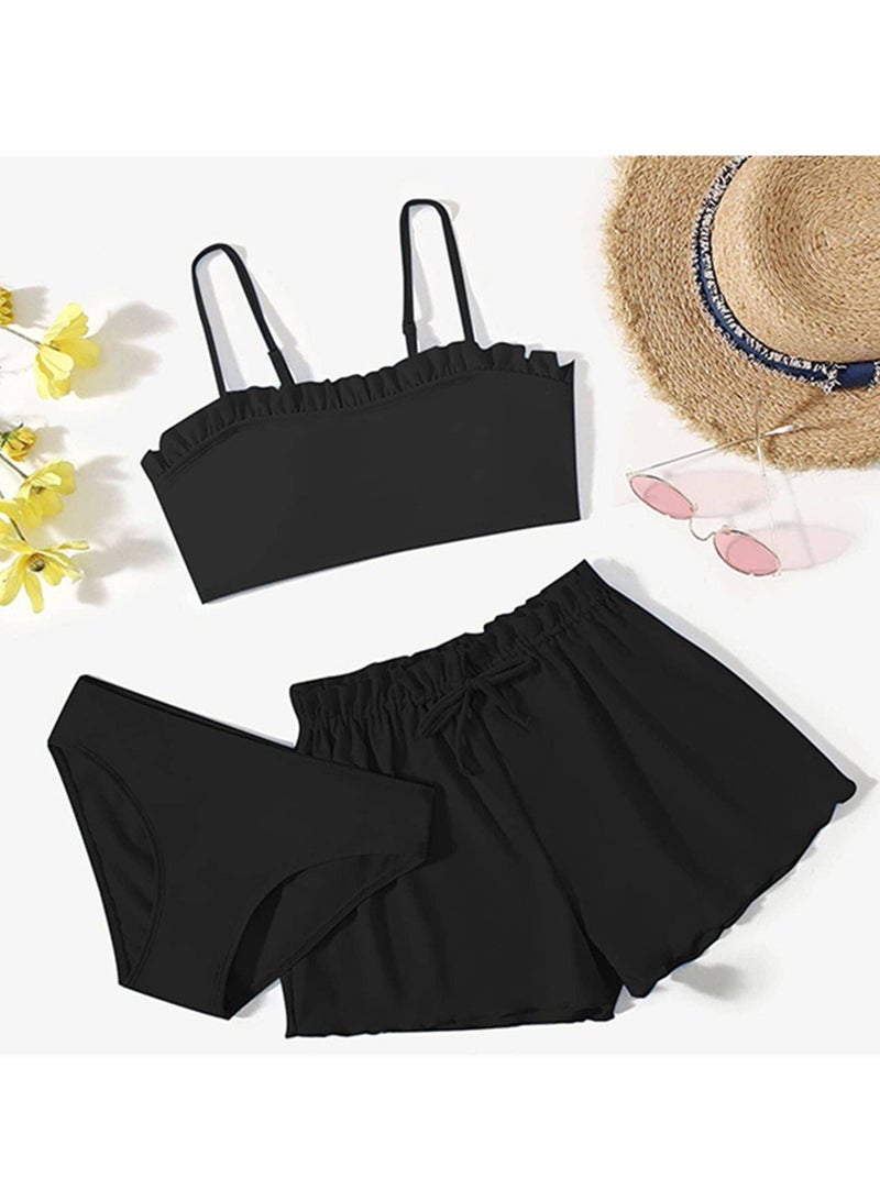 3PCS Girls Fashion Solid Color Ruffled Beach Swimsuit - Image 2