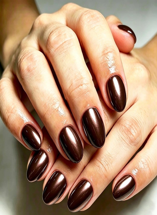 KKUUOO Soft Gel Short Oval Press on Nails, Long-Lasting Reusable Fake Nails Kit with Tabs, 32Pcs Salon-Quality Stick on Nails Full Cover Acrylic False Nails for Women Girls Manicure (Dark Brown) - Image 1