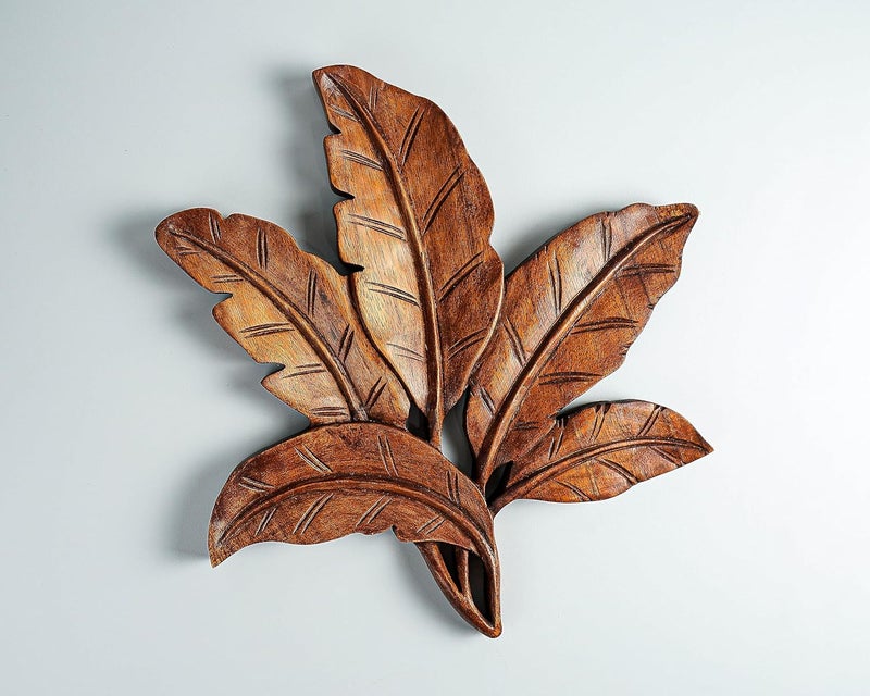 kveer SS Art Solid Wood Leaves Wall Art Wood Carving Room Decor Honey Finish - Image 2