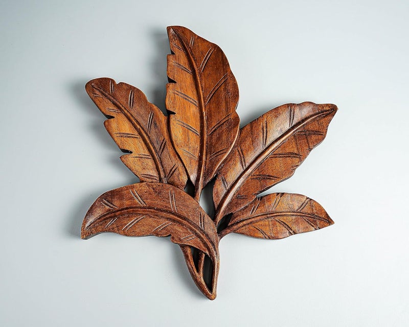 kveer SS Art Solid Wood Leaves Wall Art Wood Carving Room Decor Honey Finish - Image 1