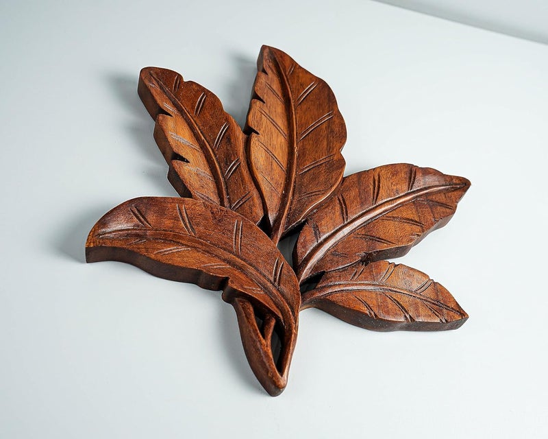 kveer SS Art Solid Wood Leaves Wall Art Wood Carving Room Decor Honey Finish - Image 3