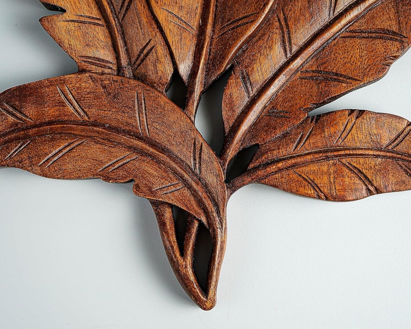 kveer SS Art Solid Wood Leaves Wall Art Wood Carving Room Decor Honey Finish - Image 5
