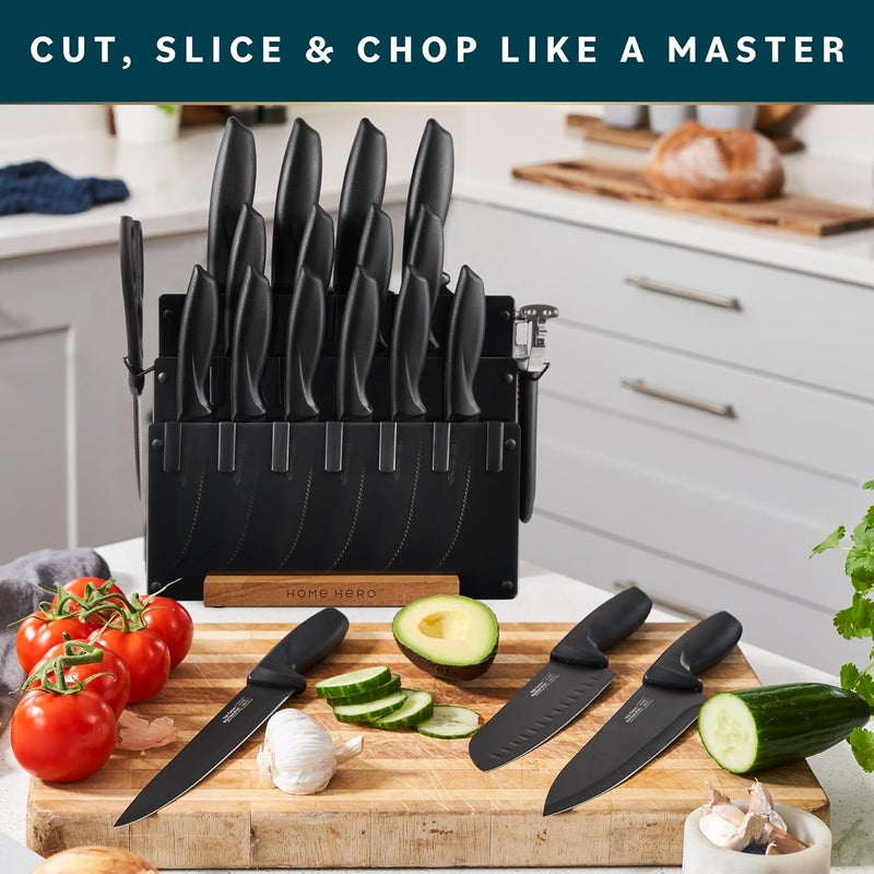 HomeHero High Carbon Stainless Steel Kitchen Knife Set - Chef Knives & Two-Stage Sharpener - Ergonomic Handles & Precision Cutting - Acrylic Cutlery Block & Easy Access Storage - 20 Pc, Black - Image 2
