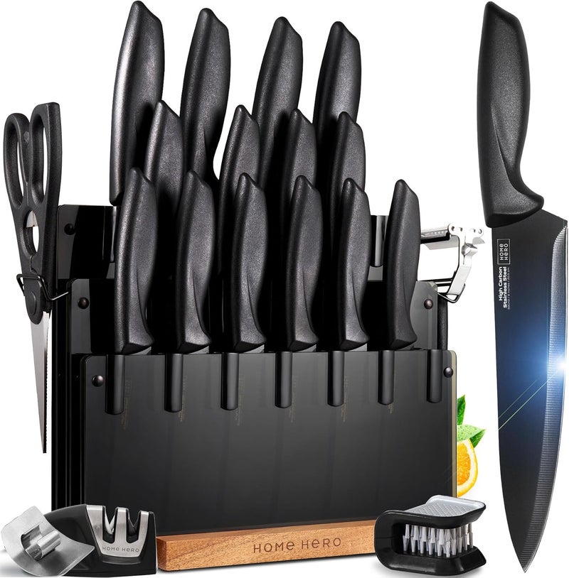 HomeHero High Carbon Stainless Steel Kitchen Knife Set - Chef Knives & Two-Stage Sharpener - Ergonomic Handles & Precision Cutting - Acrylic Cutlery Block & Easy Access Storage - 20 Pc, Black - Image 1