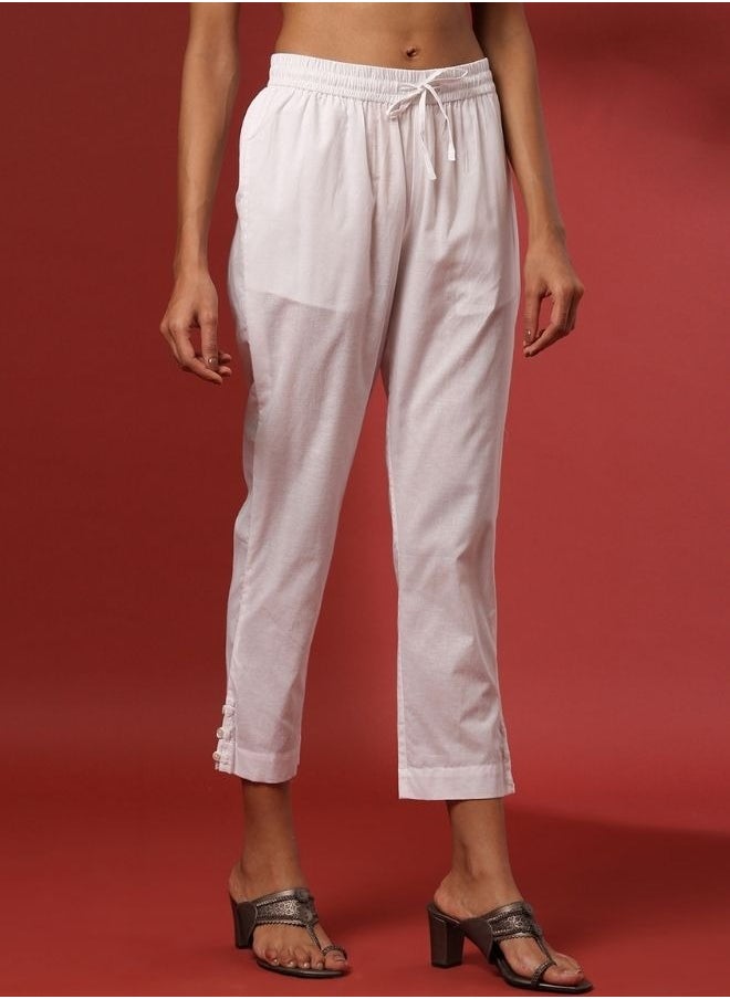 Abhishti - Regular straight pants with side buttons detail- white - Image 1