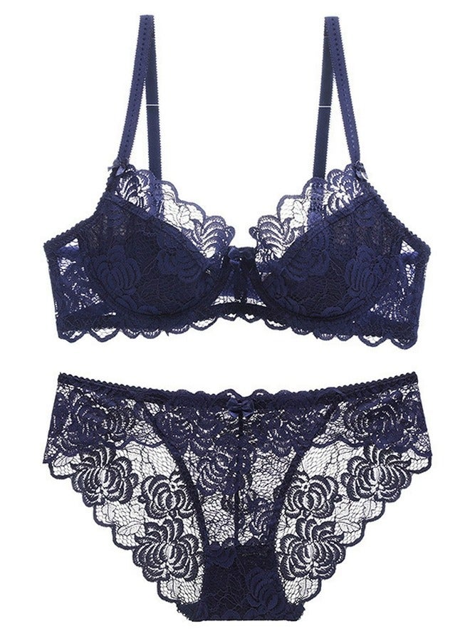 Solid Color Ultra Thin Cup Unpadded Lace Bra Panty Set Dark Blue