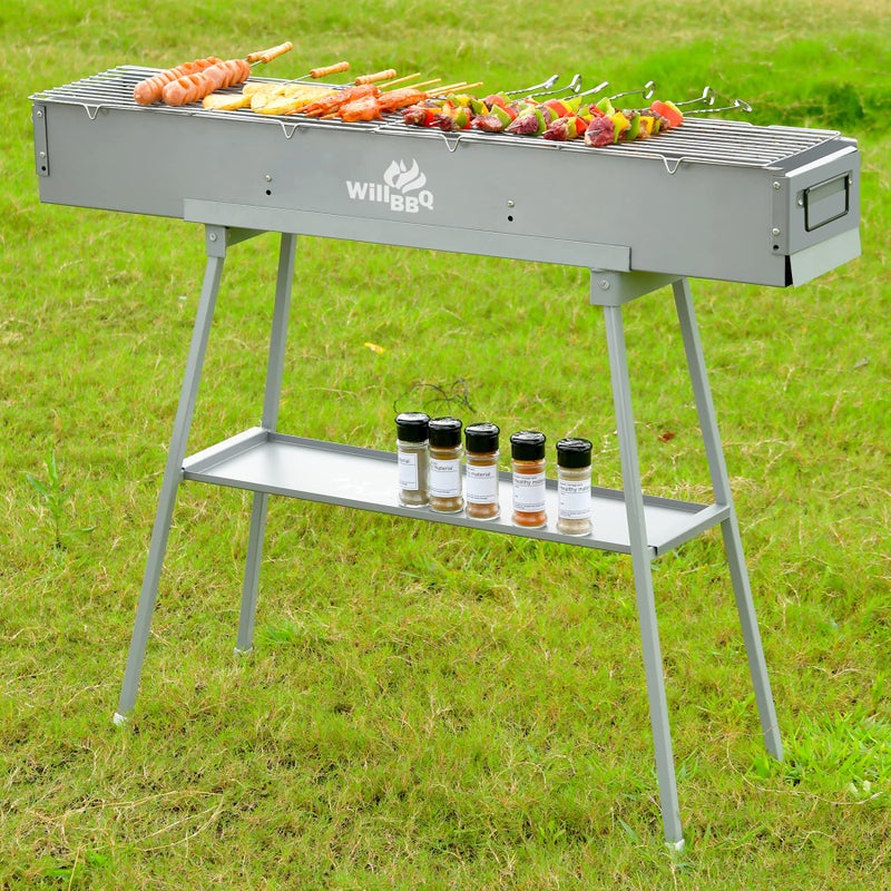 WILLBBQ Charcoal Grills Commercial Quality Portable Hibachi BBQ Lamb Skewer Folded Camping Barbecue Grill for Backyard Outdoor Cooking Use (39.4x7.1x5.1 inch With Accessories) - Image 2