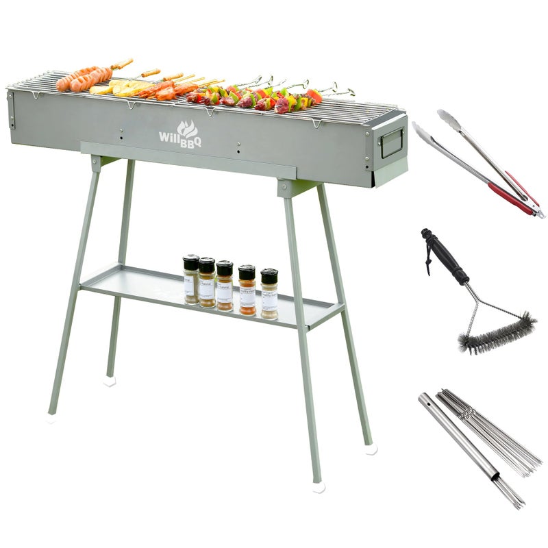 WILLBBQ Charcoal Grills Commercial Quality Portable Hibachi BBQ Lamb Skewer Folded Camping Barbecue Grill for Backyard Outdoor Cooking Use (39.4x7.1x5.1 inch With Accessories) - Image 1