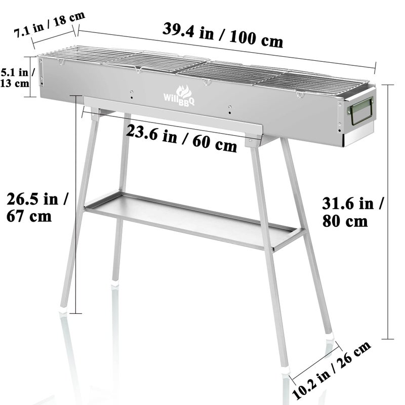 WILLBBQ Charcoal Grills Commercial Quality Portable Hibachi BBQ Lamb Skewer Folded Camping Barbecue Grill for Backyard Outdoor Cooking Use (39.4x7.1x5.1 inch With Accessories) - Image 3