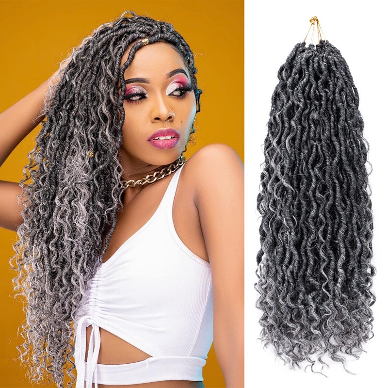 Dorsanee Goddess Locs Crochet Hair 18 Inch 7 Packs Ombre Grey Boho Faux Locs Crochet Hair for Black Women Pre Looped Crochet Locs with Curly Ends 1BGray