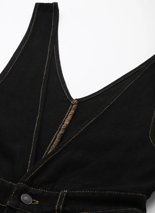SASSAFRAS Black Deep V-Neck Cotton Denim Jumpsuit for Women