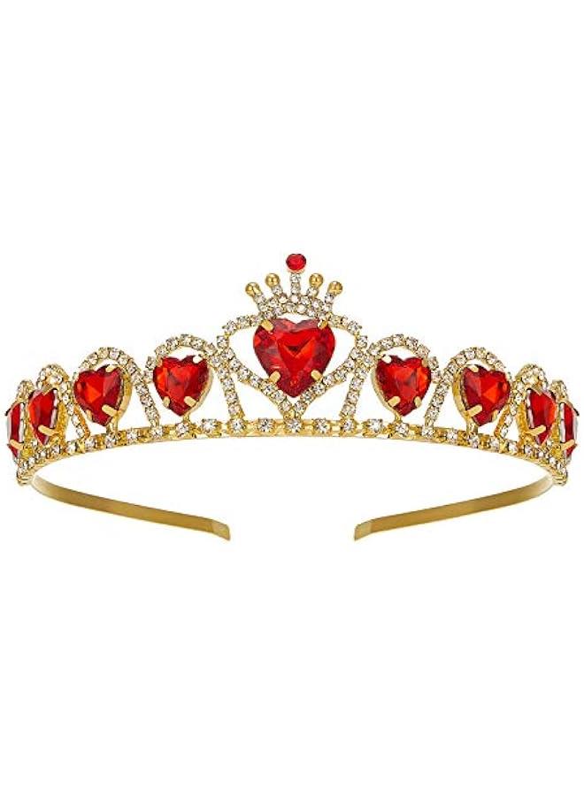 Red Princess Tiara for Girls, Birthday Crown Gift for Kids, Crystal Heart Tiara Headband, Child Costume Headpiece Dress up Accessories for Cosplay Party - Image 1