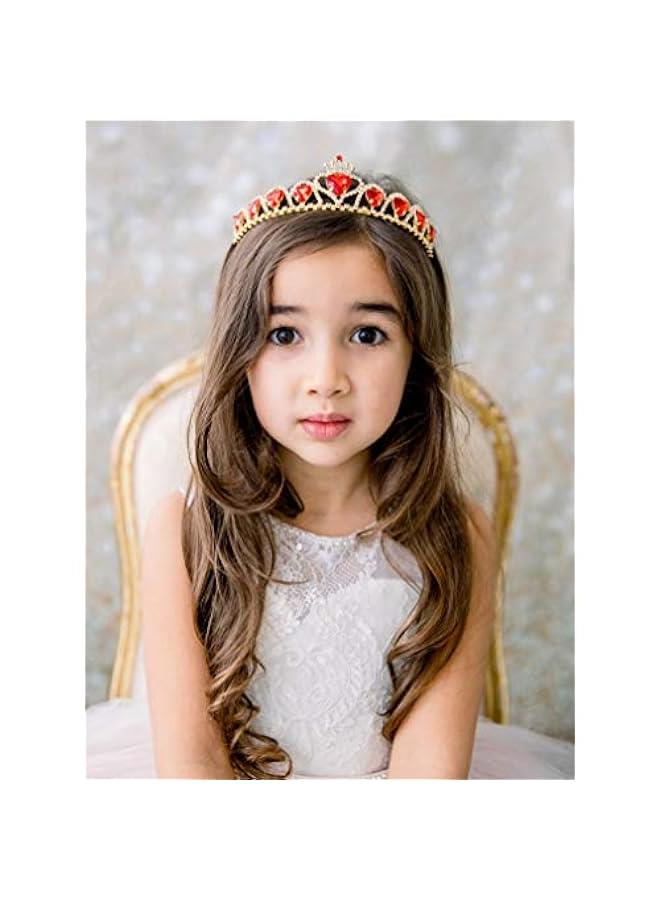 Red Princess Tiara for Girls, Birthday Crown Gift for Kids, Crystal Heart Tiara Headband, Child Costume Headpiece Dress up Accessories for Cosplay Party - Image 2