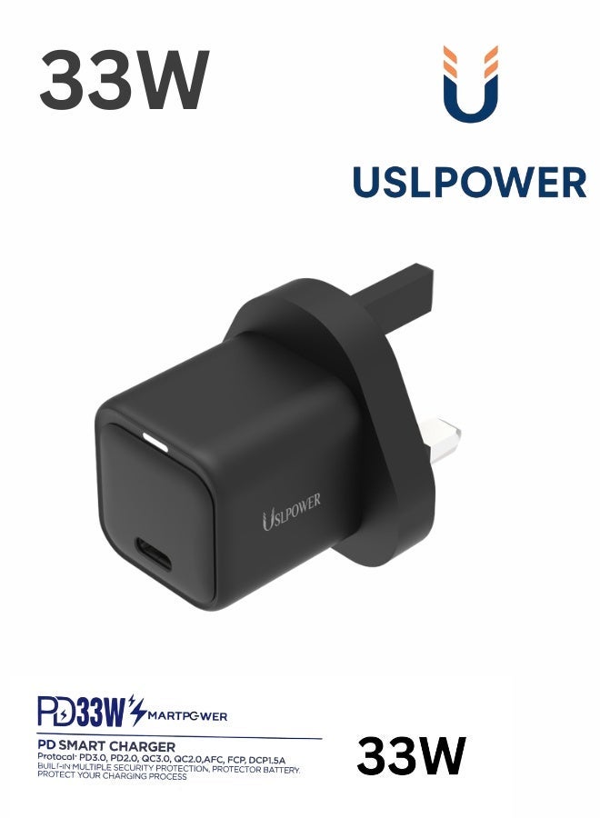 USLPOWER Power Adaptor 33W GaN Fast Charger USB-C PD Wall Charger, Fast Charging Adapter for Smartphones & Tablets  Black - Image 1
