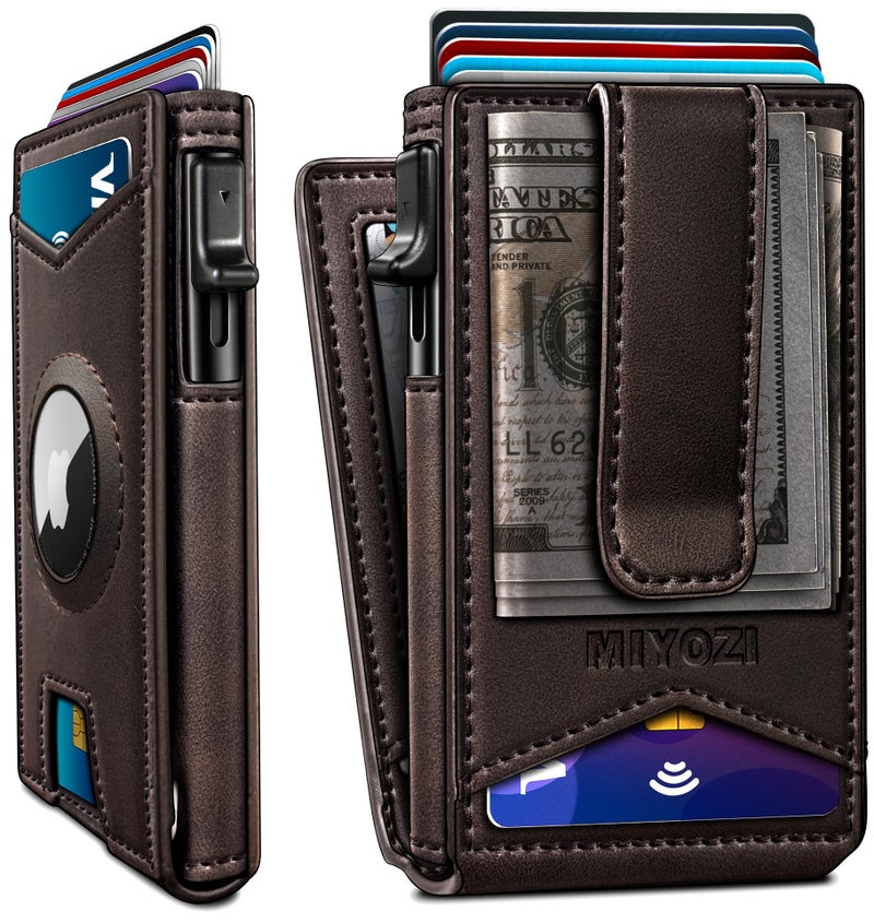 miyozi Airtag Wallet for Men,with Money Clip Gift Boxed,Slim Front Pocket Wallet RFID Blocking Metal Case Smart Pop-up Credit Card Holder in Magnetic Leather Flip - Image 1