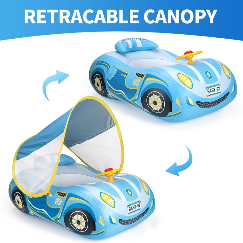Swimbobo Toddler Pool Float Inflatable Car Baby Swim Float with Adjustable Sun Canopy and Safety Seat Pool Toys for Kids 1-4 Years Old (Blue Sports Car) - Image 2