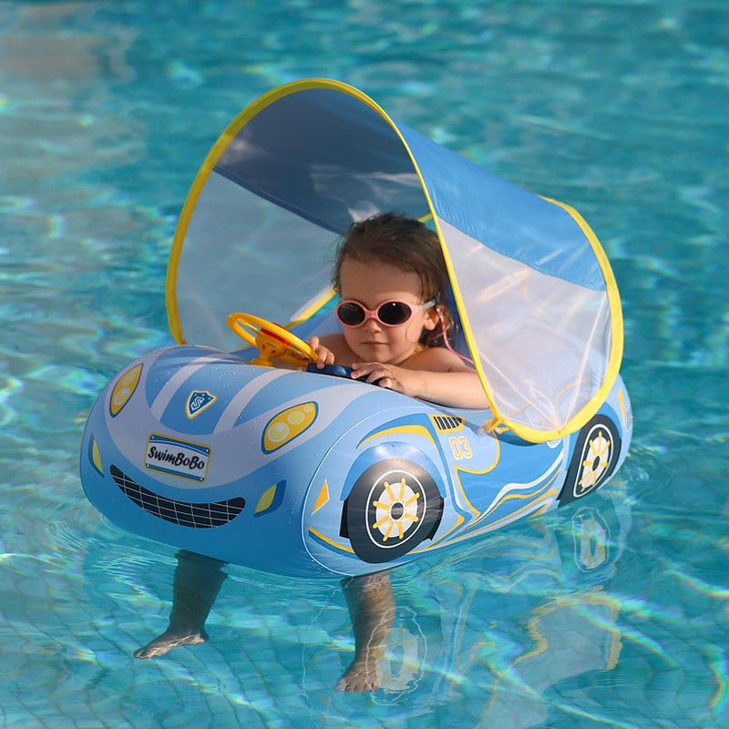 Swimbobo Toddler Pool Float Inflatable Car Baby Swim Float with Adjustable Sun Canopy and Safety Seat Pool Toys for Kids 1-4 Years Old (Blue Sports Car) - Image 1