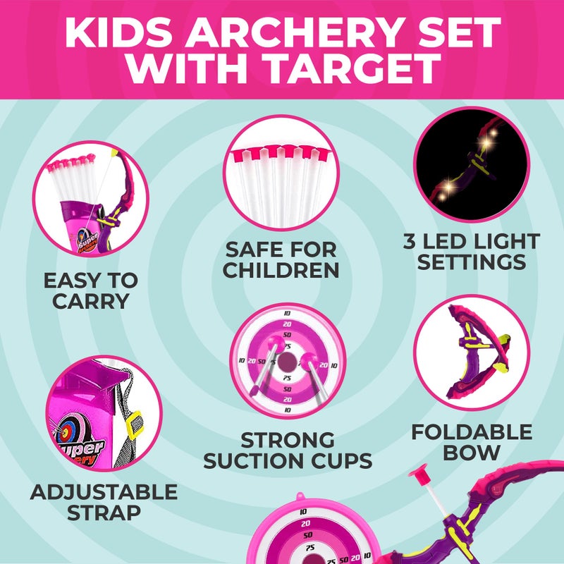 Toysery Kids Archery Set with LED Flash Lights, Toy Bow and Arrow Set for 6-8 Years Old Boys, Includes Archery Bow, 6 Archery Arrows, Target, Quiver - Great for Youth Practice (Dark Pink) - Image 3