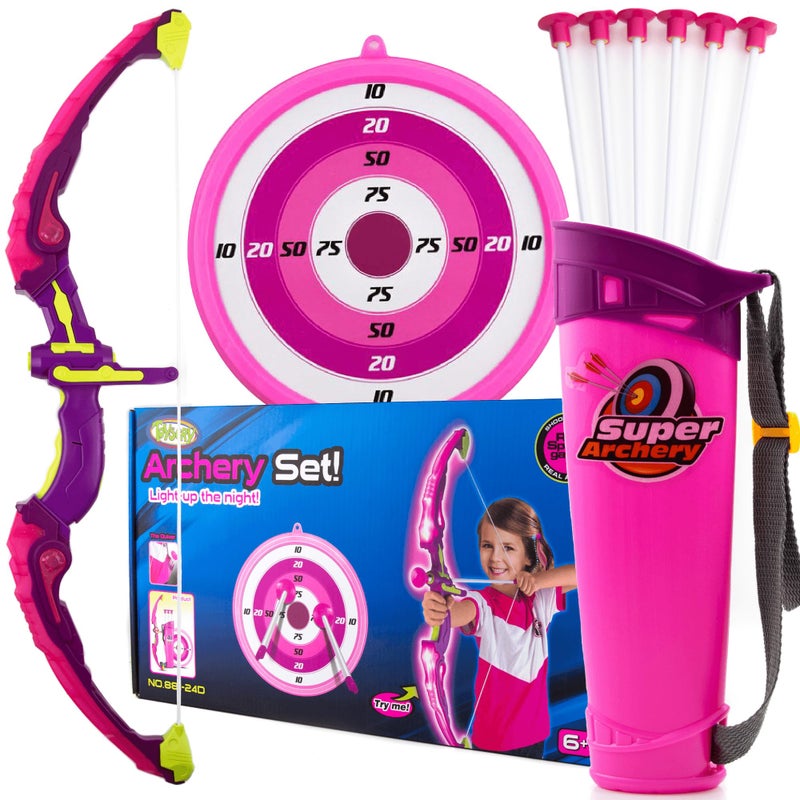 Toysery Kids Archery Set with LED Flash Lights, Toy Bow and Arrow Set for 6-8 Years Old Boys, Includes Archery Bow, 6 Archery Arrows, Target, Quiver - Great for Youth Practice (Dark Pink) - Image 1