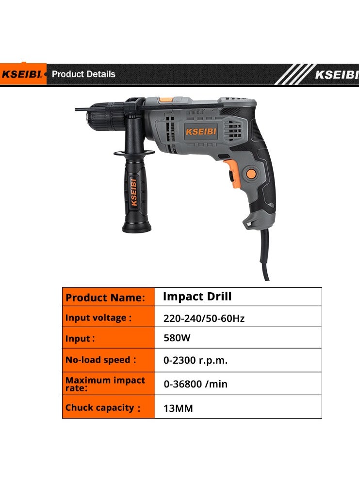 KSEIBI Impact Drill, 13mm Keyless, 580W, Variable Speed, Comfortable Handle, Perfect for Creating Clean Holes in Wood and DIY Projects, Metalworking and Woodworking.  - Image 4