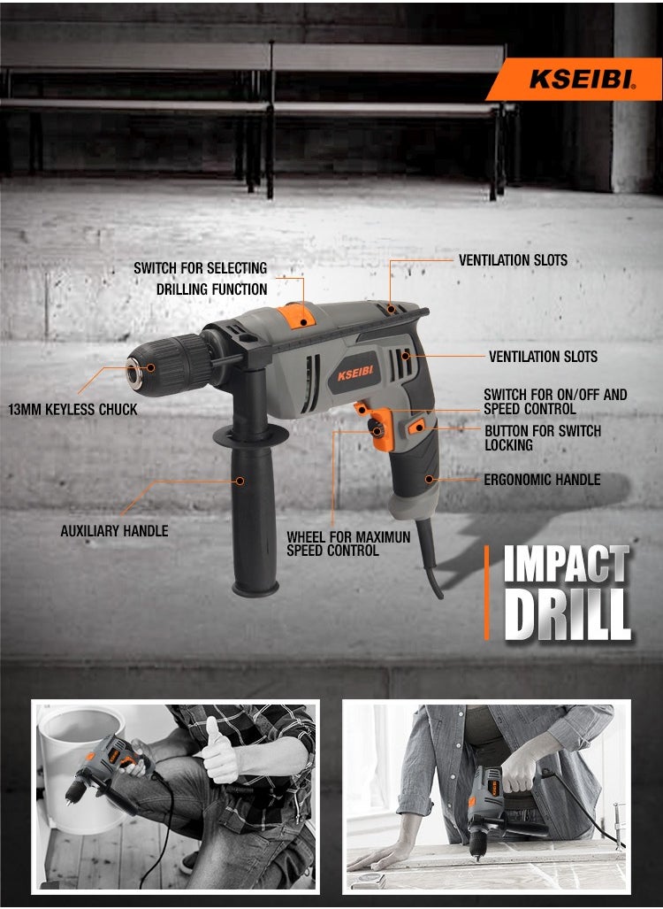 Impact Drill, 13mm Keyless, 580W, Variable Speed, Comfortable Handle, Perfect for Creating Clean Holes in Wood and DIY Projects, Metalworking and Woodworking.