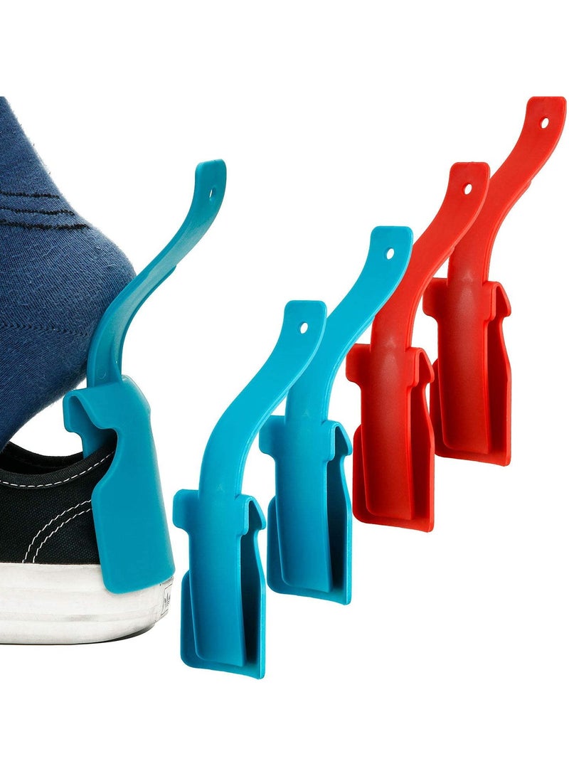 Barakah 4 Pieces Lazy Shoe Helper Portable Sock Shoe Slider Travel Handled Shoe Horn Shoe Lifting Wearing Helper Tool Easy on Easy Off Plastic Shoehorn One Size Fits Most Shoes All Age, Blue/Red - Image 1