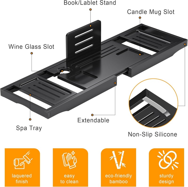 promitop Bathtub Tray Caddy,Premium Bamboo Expandable Bath Tub Trays Table, Foldable Bathroom Accessories,Great House Warming, Anniversary and Birthday Gifts,Black - Image 5