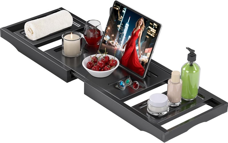 promitop Bathtub Tray Caddy,Premium Bamboo Expandable Bath Tub Trays Table, Foldable Bathroom Accessories,Great House Warming, Anniversary and Birthday Gifts,Black - Image 1