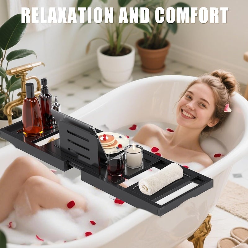 promitop Bathtub Tray Caddy,Premium Bamboo Expandable Bath Tub Trays Table, Foldable Bathroom Accessories,Great House Warming, Anniversary and Birthday Gifts,Black - Image 4
