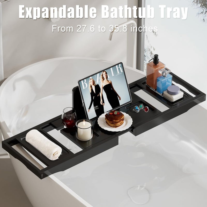 promitop Bathtub Tray Caddy,Premium Bamboo Expandable Bath Tub Trays Table, Foldable Bathroom Accessories,Great House Warming, Anniversary and Birthday Gifts,Black - Image 2