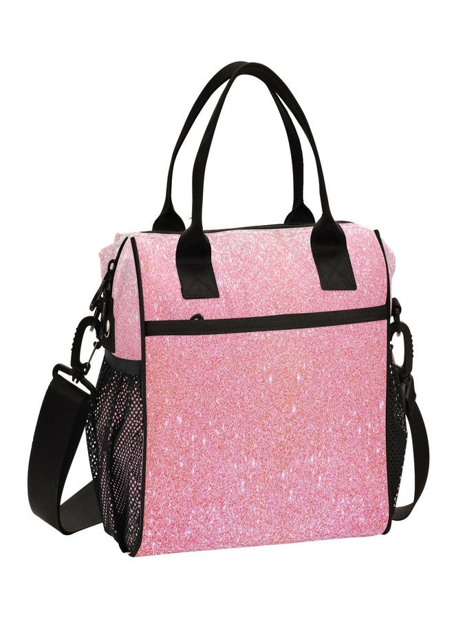 Aslsiy Lunch Bag for Girls Sparkly Pink Glitter Texture Insulated Lunch Bags Kids School Tote Bag for Women M - Image 1