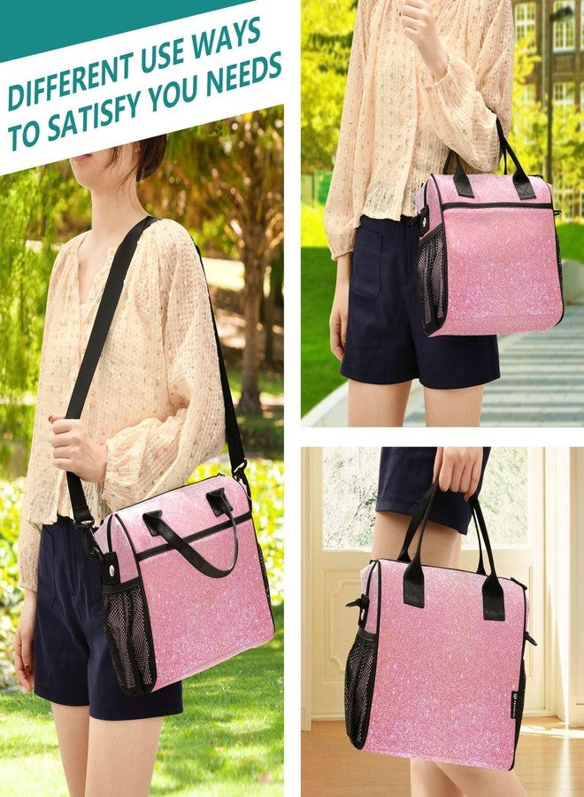 Aslsiy Lunch Bag for Girls Sparkly Pink Glitter Texture Insulated Lunch Bags Kids School Tote Bag for Women M - Image 5