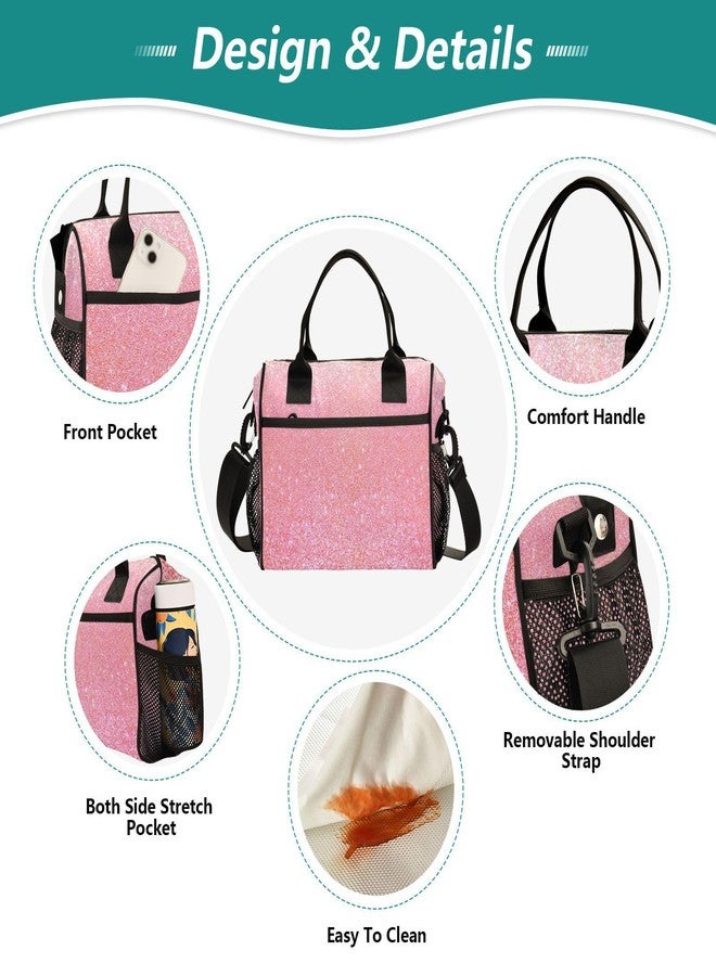Aslsiy Lunch Bag for Girls Sparkly Pink Glitter Texture Insulated Lunch Bags Kids School Tote Bag for Women M - Image 3