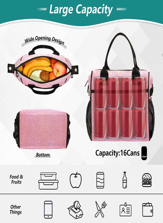 Aslsiy Lunch Bag for Girls Sparkly Pink Glitter Texture Insulated Lunch Bags Kids School Tote Bag for Women M - Image 4
