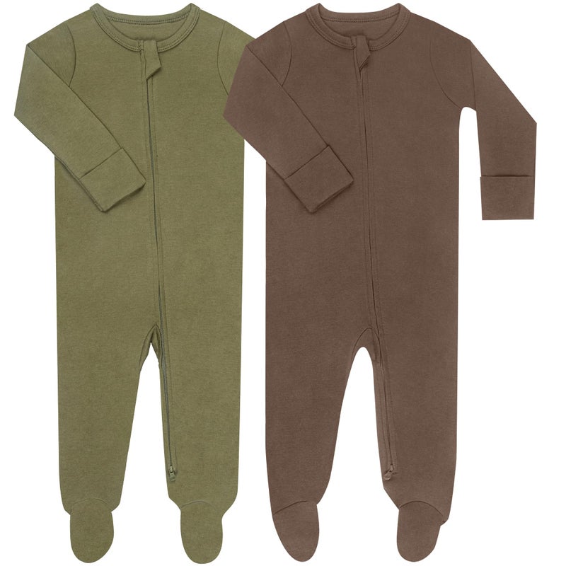 GUISBY Footed Long Sleeve Baby Pajamas with Zipper Cotton Infant Sleepers Army Green+Coffee 9-12 Months - Image 1