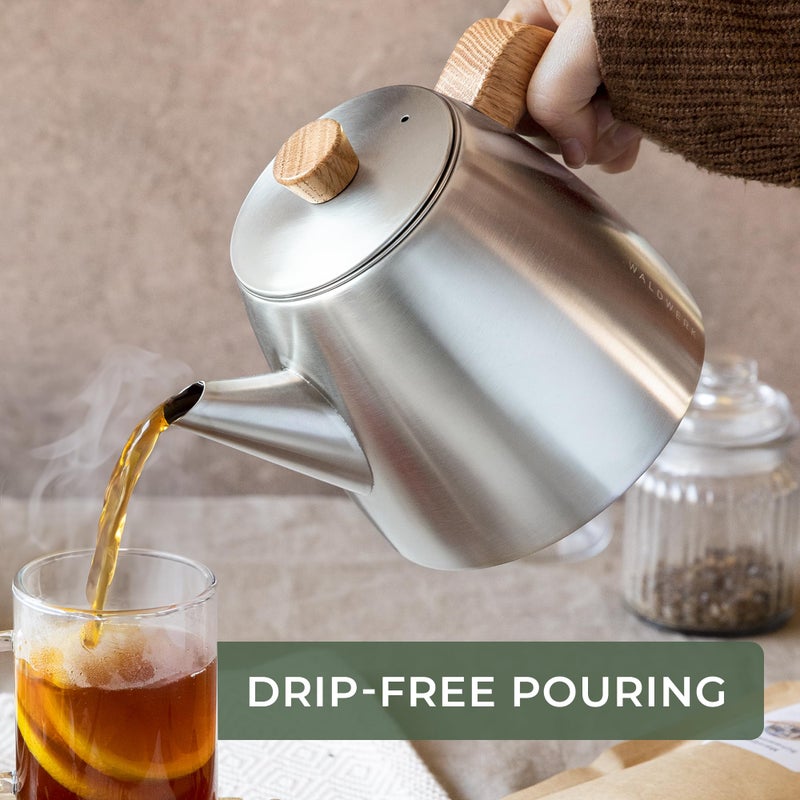 WALDWERK Tea Pot with Infuser - Double Wall Stainless Steel Teapot - Tea Pot with Infuser for Loose Tea - Made from 304 Stainless Steel and Oak Wood - Isolated Teapot with Strainer - 100% Drip Free - Image 4