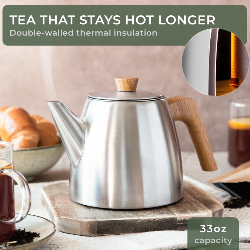 WALDWERK Tea Pot with Infuser - Double Wall Stainless Steel Teapot - Tea Pot with Infuser for Loose Tea - Made from 304 Stainless Steel and Oak Wood - Isolated Teapot with Strainer - 100% Drip Free - Image 3