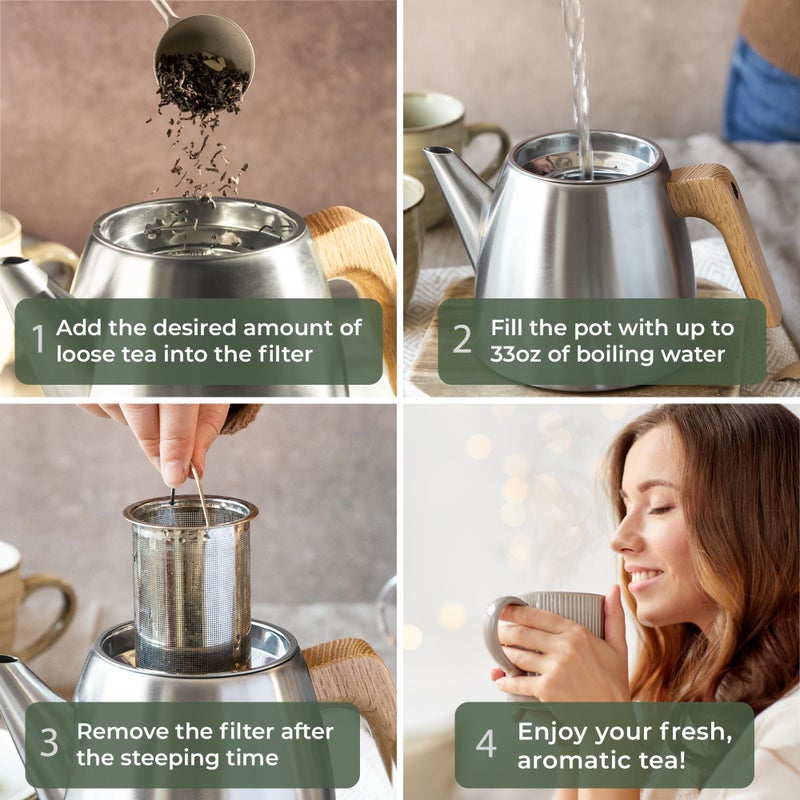 WALDWERK Tea Pot with Infuser - Double Wall Stainless Steel Teapot - Tea Pot with Infuser for Loose Tea - Made from 304 Stainless Steel and Oak Wood - Isolated Teapot with Strainer - 100% Drip Free - Image 5